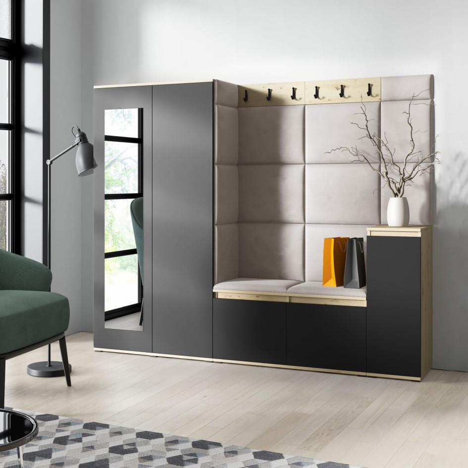Garderoba Oslo z szafą oraz komodą dąb artisan/czarny w tkaninie Trinity 01 #1