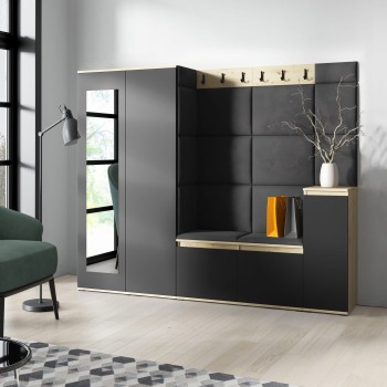 Garderoba Oslo z szafą oraz komodą dąb artisan/czarny w tkaninie Trinity 15