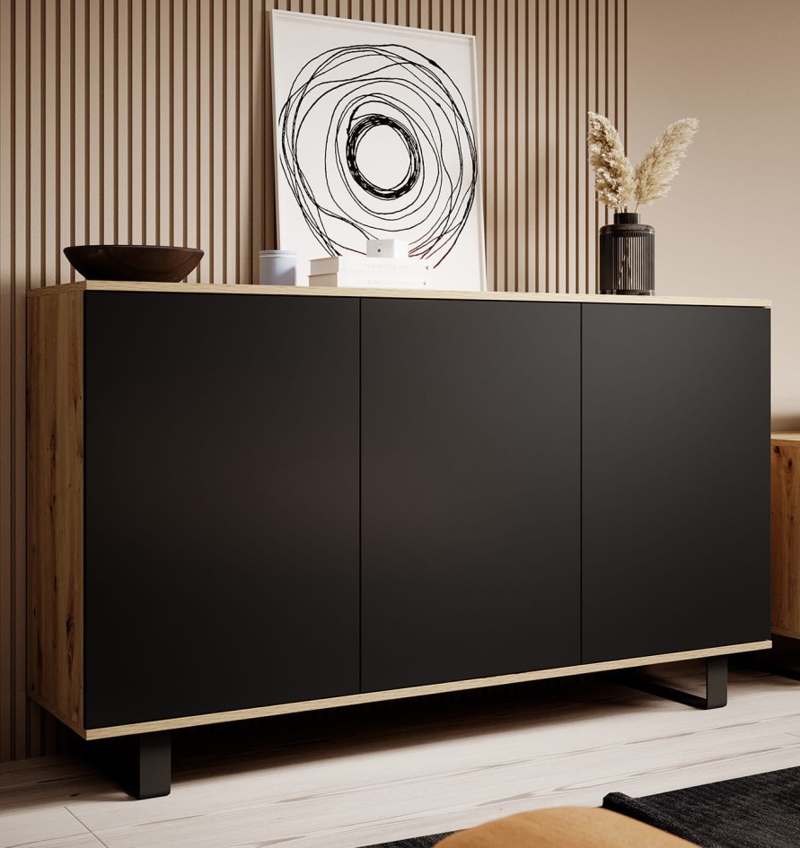 Komoda Masimo 150 cm artisan/czarny 3 drzwiowa metalowe nóżki #1