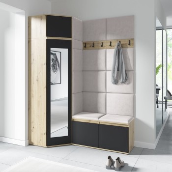 Garderoba PARIS z szafą narożną i lustrem w tkaninie Trinity 01, dąb artisan/czarny