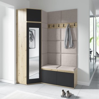 Garderoba PARIS z szafą narożną i lustrem w tkaninie Trinity 02, dąb artisan/czarny