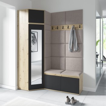 Garderoba PARIS z szafą narożną i lustrem w tkaninie Trinity 03, dąb artisan/czarny
