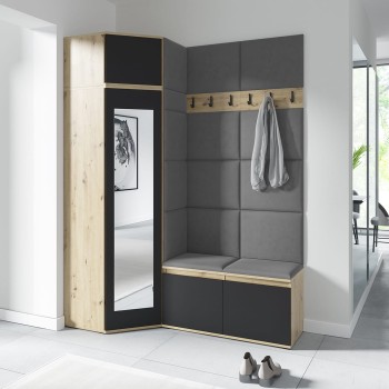Garderoba PARIS z szafą narożną i lustrem w tkaninie Trinity 15, dąb artisan/czarny