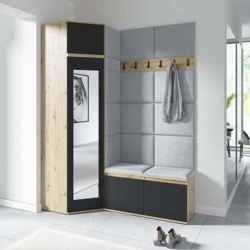 Garderoba PARIS z szafą narożną i lustrem w tkaninie Trinity 32, dąb artisan/czarny