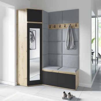 Garderoba PARIS z szafą narożną i lustrem w tkaninie Trinity 33, dąb artisan/czarn