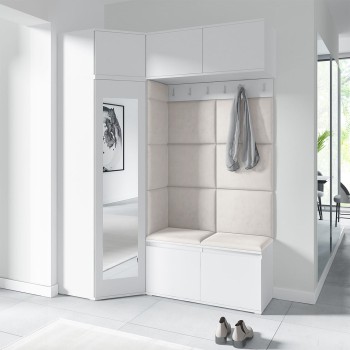 Garderoba NANO z szafą narożną i lustrem w tkaninie Trinity 01, biały