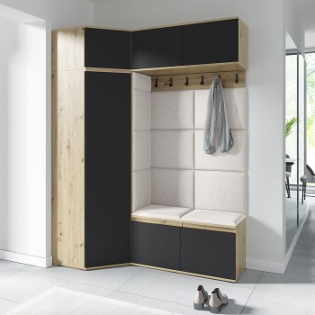 Garderoba do przedpokoju NANO z szafą narożną w tkaninie Trinity 01, dąb artisan/czarny