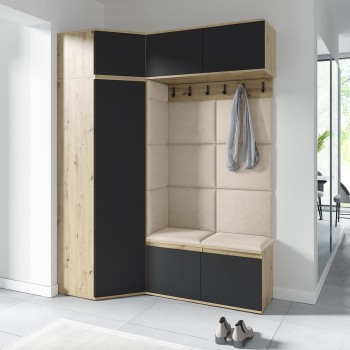Garderoba do przedpokoju NANO z szafą narożną w tkaninie Trinity 02, dąb artisan/czarny