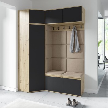 Garderoba do przedpokoju NANO z szafą narożną w tkaninie Trinity 03, dąb artisan/czarny