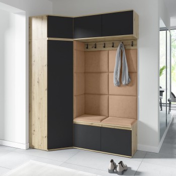 Garderoba do przedpokoju NANO z szafą narożną w tkaninie Trinity 04, dąb artisan/czarny