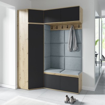 Garderoba do przedpokoju NANO z szafą narożną w tkaninie Trinity 14, dąb artisan/czarny