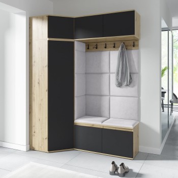 Garderoba do przedpokoju NANO z szafą narożną w tkaninie Trinity 32, dąb artisan/czarny