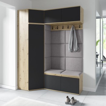 Garderoba do przedpokoju NANO z szafą narożną w tkaninie Trinity 33, dąb artisan/czarny