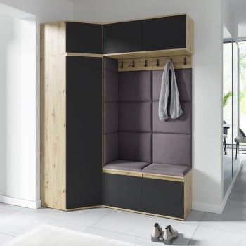 Garderoba do przedpokoju NANO z szafą narożną w tkaninie Trinity 34, dąb artisan/czarny
