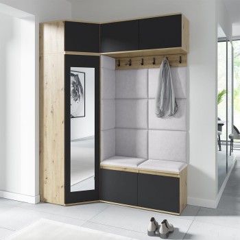 Garderoba NANO z szafą narożną i lustrem w tkaninie Trinity 32, dąb artisan/czarny