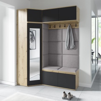 Garderoba NANO z szafą narożną i lustrem w tkaninie Trinity 33, dąb artisan/czarny