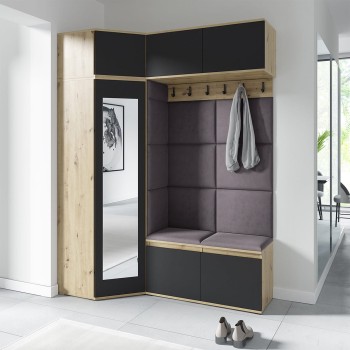 Garderoba NANO z szafą narożną i lustrem w tkaninie Trinity 34, dąb artisan/czarny