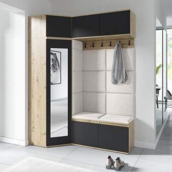 Garderoba NANO z szafą narożną i lustrem w tkaninie Trinity 01, dąb artisan/czarny