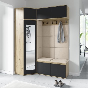 Garderoba NANO z szafą narożną i lustrem w tkaninie Trinity 02, dąb artisan/czarny