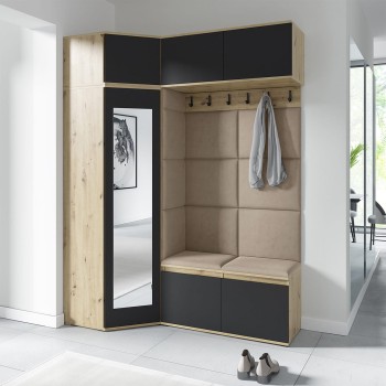 Garderoba NANO z szafą narożną i lustrem w tkaninie Trinity 03, dąb artisan/czarny