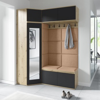 Garderoba NANO z szafą narożną i lustrem w tkaninie Trinity 04, dąb artisan/czarny