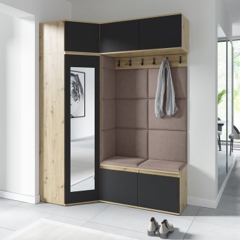 Garderoba NANO z szafą narożną i lustrem w tkaninie Trinity 05, dąb artisan/czarny