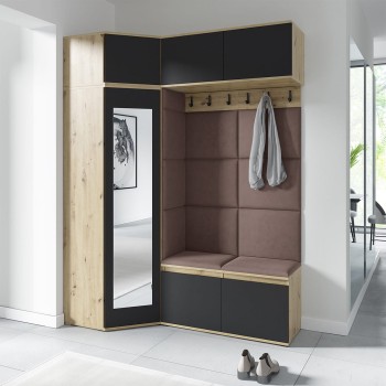 Garderoba NANO z szafą narożną i lustrem w tkaninie Trinity 06, dąb artisan/czarny