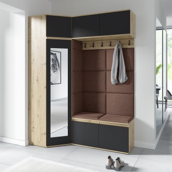 Garderoba NANO z szafą narożną i lustrem w tkaninie Trinity 07, dąb artisan/czarny