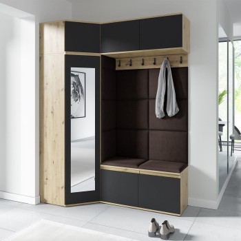 Garderoba NANO z szafą narożną i lustrem w tkaninie Trinity 08, dąb artisan/czarny