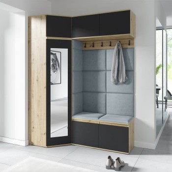 Garderoba NANO z szafą narożną i lustrem w tkaninie Trinity 14, dąb artisan/czarny