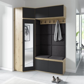 Garderoba NANO z szafą narożną i lustrem w tkaninie Trinity 15, dąb artisan/czarny