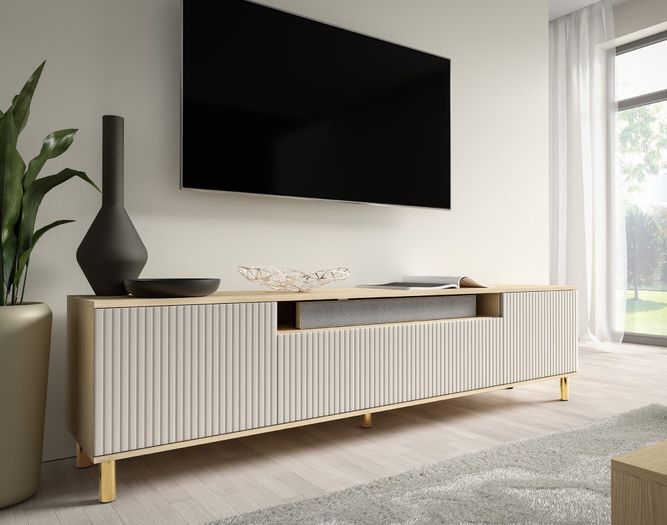 Szafka RTV Capri Premium 200 złote nóżki lamele Kaszmir/dąb Vicenza  #1