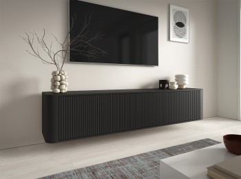 Komoda RTV Misterio 200 cm wisząca z ryflowanym frontem i obłymi bokami Czarna