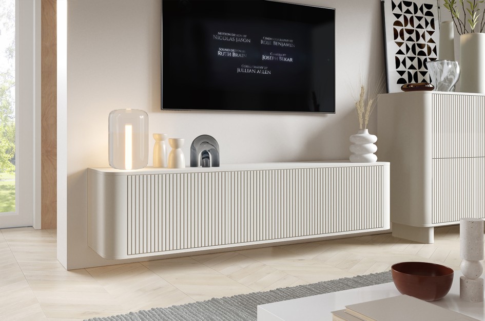 Szafka RTV Misterio Premium 180cm Cashmere frezowana z lamelami wisząca #1