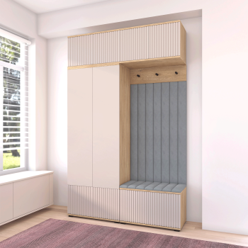 Frezowana Garderoba  Zora wersja 2 panele tapicerowane Trinity 14 Dąb Cremona Cashmere