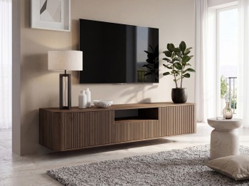 Szafka RTV Orvik 200 cm wisząca z zaokrąglonymi bokami Orzech Elegant