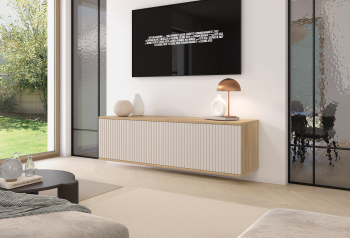 Szafka RTV Zora 140 cm minimalistyczna szafka wisząca Kaszmir Dąb Cremona