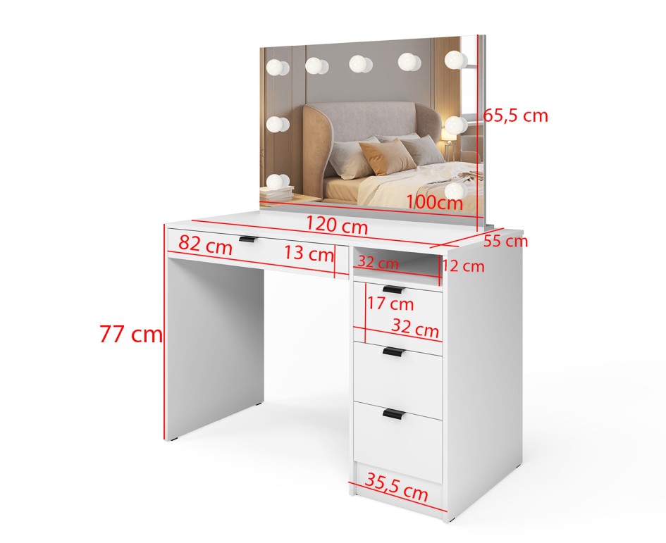 Toaletka Naomi 120 cm z lustrem LED 4 szufladami i półką Kaszmir #4